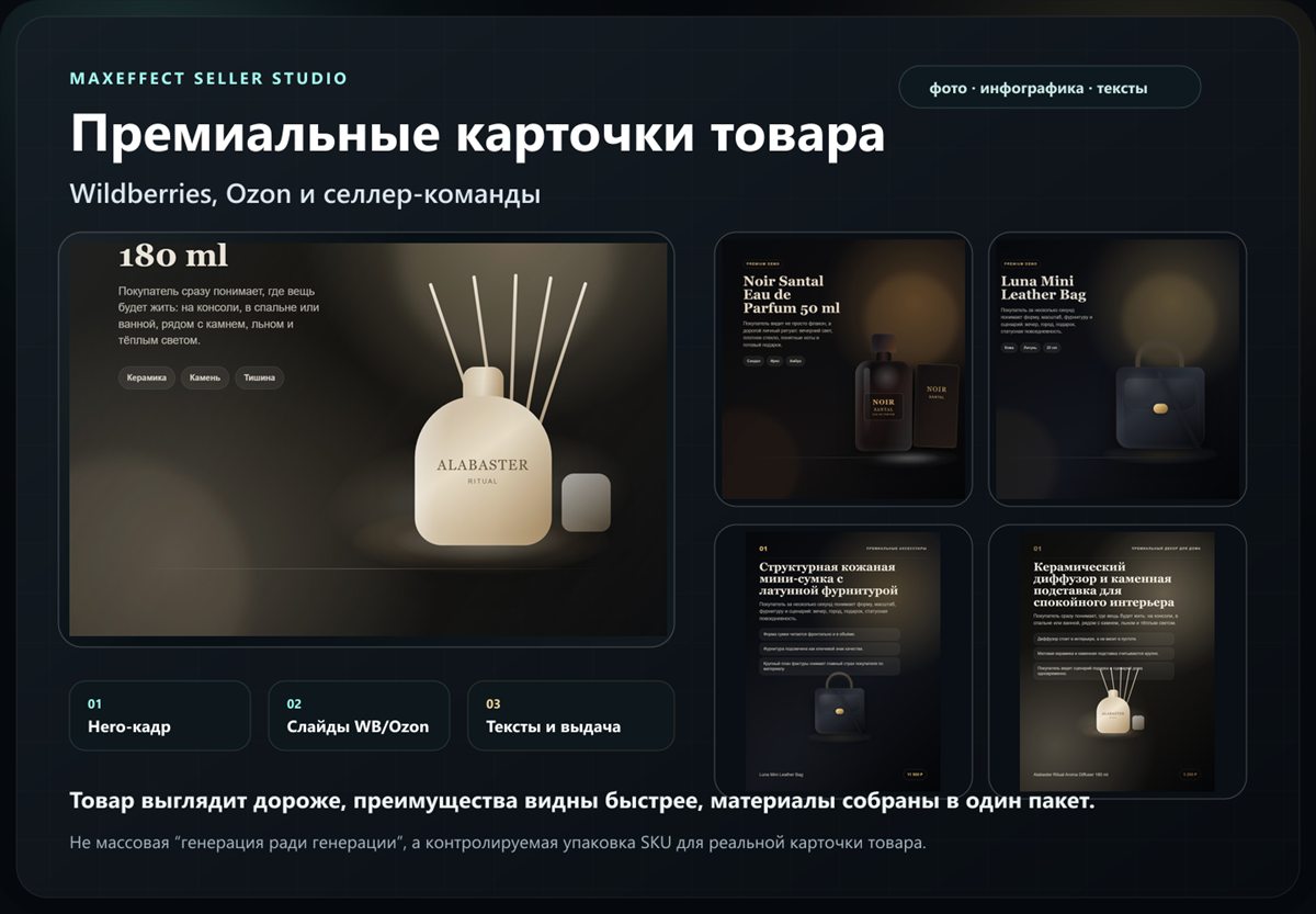 Витрина MaxEffect Seller Studio с премиальными карточками товара для Wildberries и Ozon
